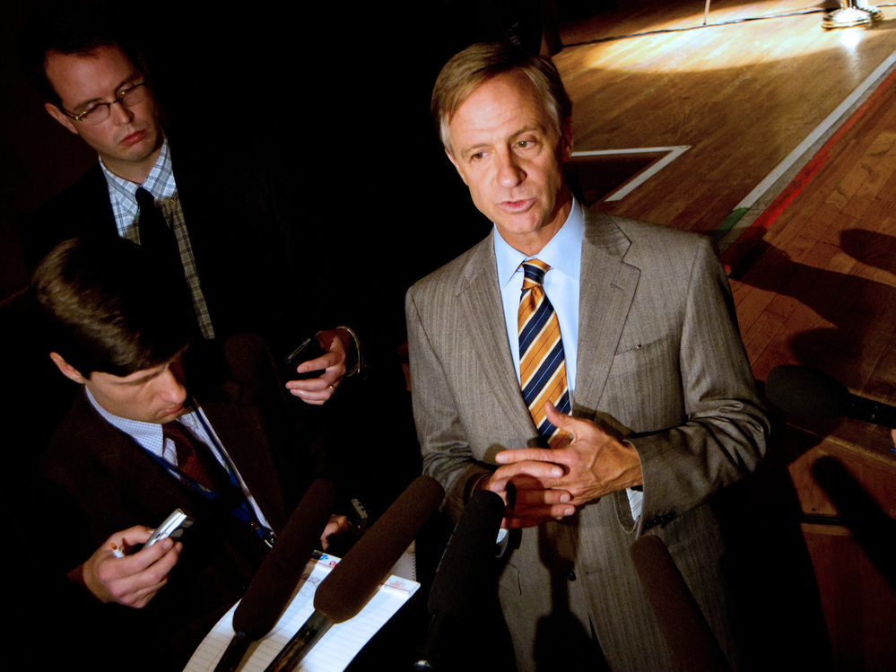Gov. Bill Haslam speaks to reporters after announcing in Nashville, Tenn., on Monday that that he had decided against creating a state-run health insurance exchange. The Republican governor said he will leave it to the federal government to run the marketplace.