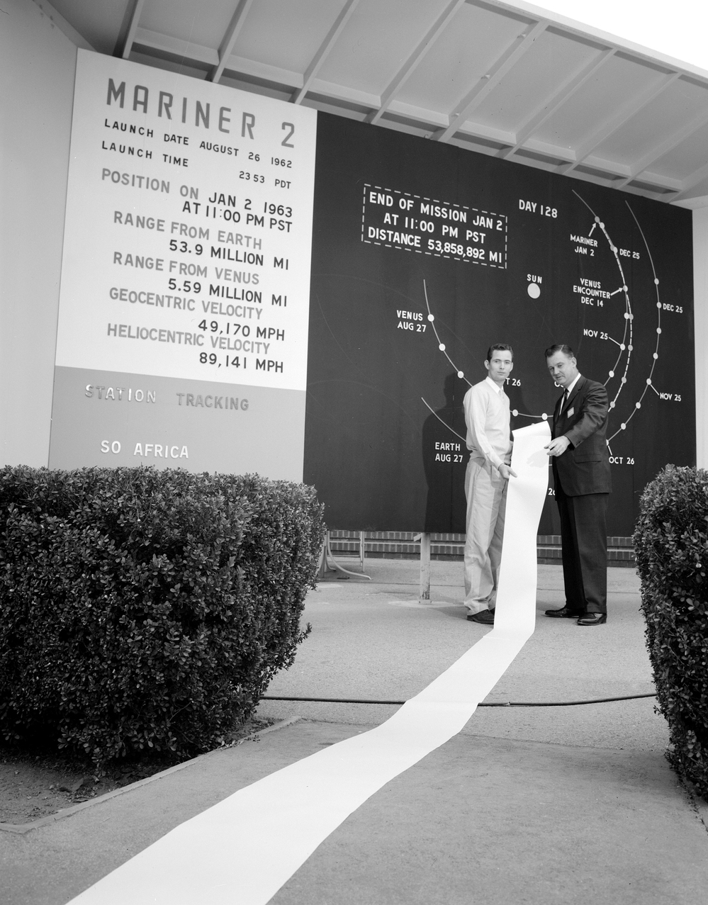 Scientists show off reams of data collected by Mariner 2 as it passed by Venus. The probe flew by the planet on Dec. 14, 1962, and scanned the surface for 42 minutes.