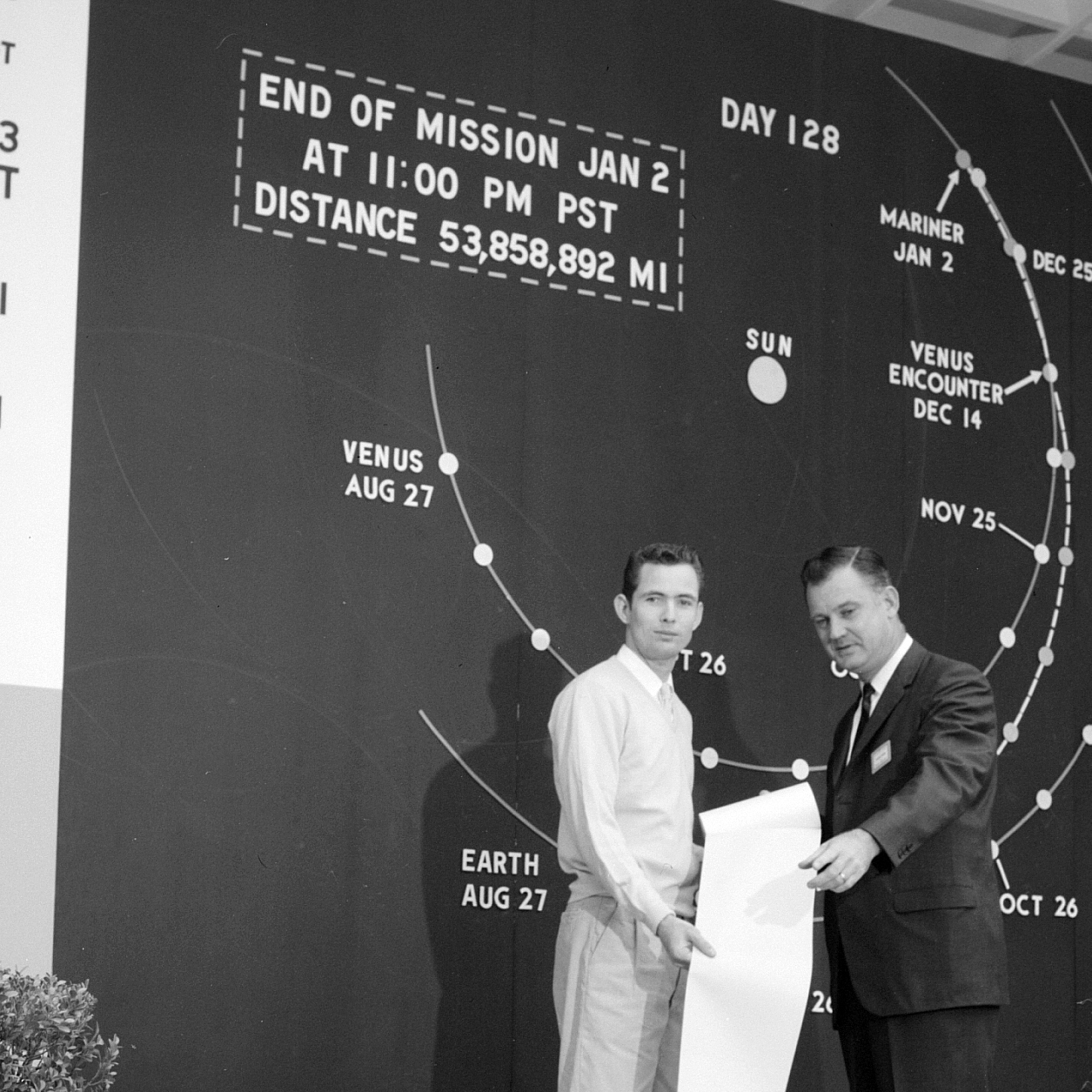 Scientists show off reams of data collected by Mariner 2 as it passed by Venus. The probe flew by the planet on Dec. 14, 1962, and scanned the surface for 42 minutes.