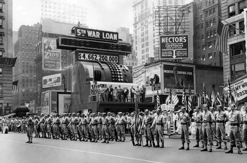A war bond sales promotion in New York City, 1944. A war bond sales promotion in New York City, 1944.