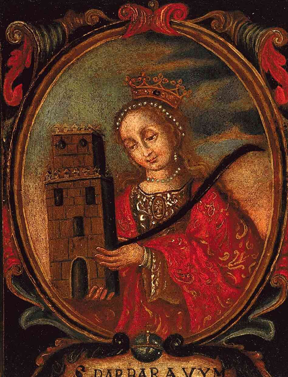 Saint Barbara is represented here with her symbols: a crown, a palm of martyrs, and the tower with three windows where she was incarcerated before being beheaded at her father's order. (Oil on wood panel, Teodoro Vidal Collection)