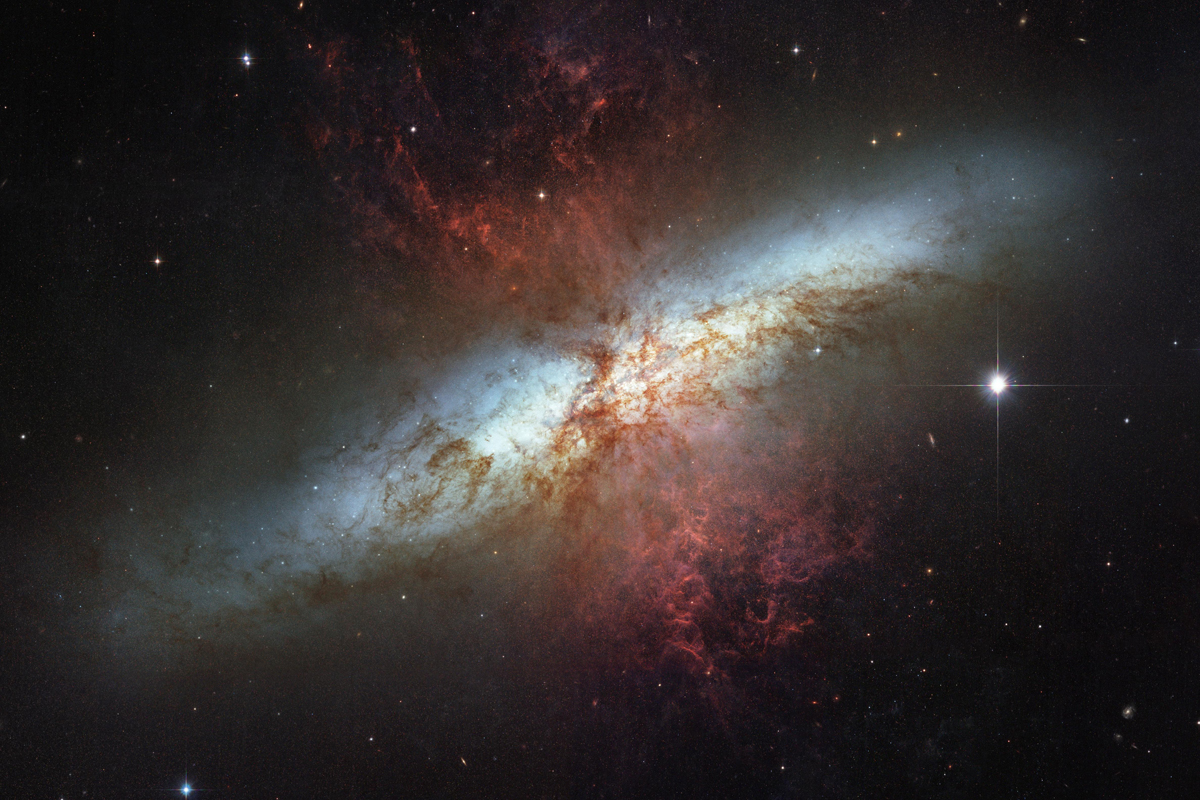 Throughout the center of the Messier 82 starburst galaxy, "young stars are being born 10 times faster than they are inside our entire Milky Way Galaxy."