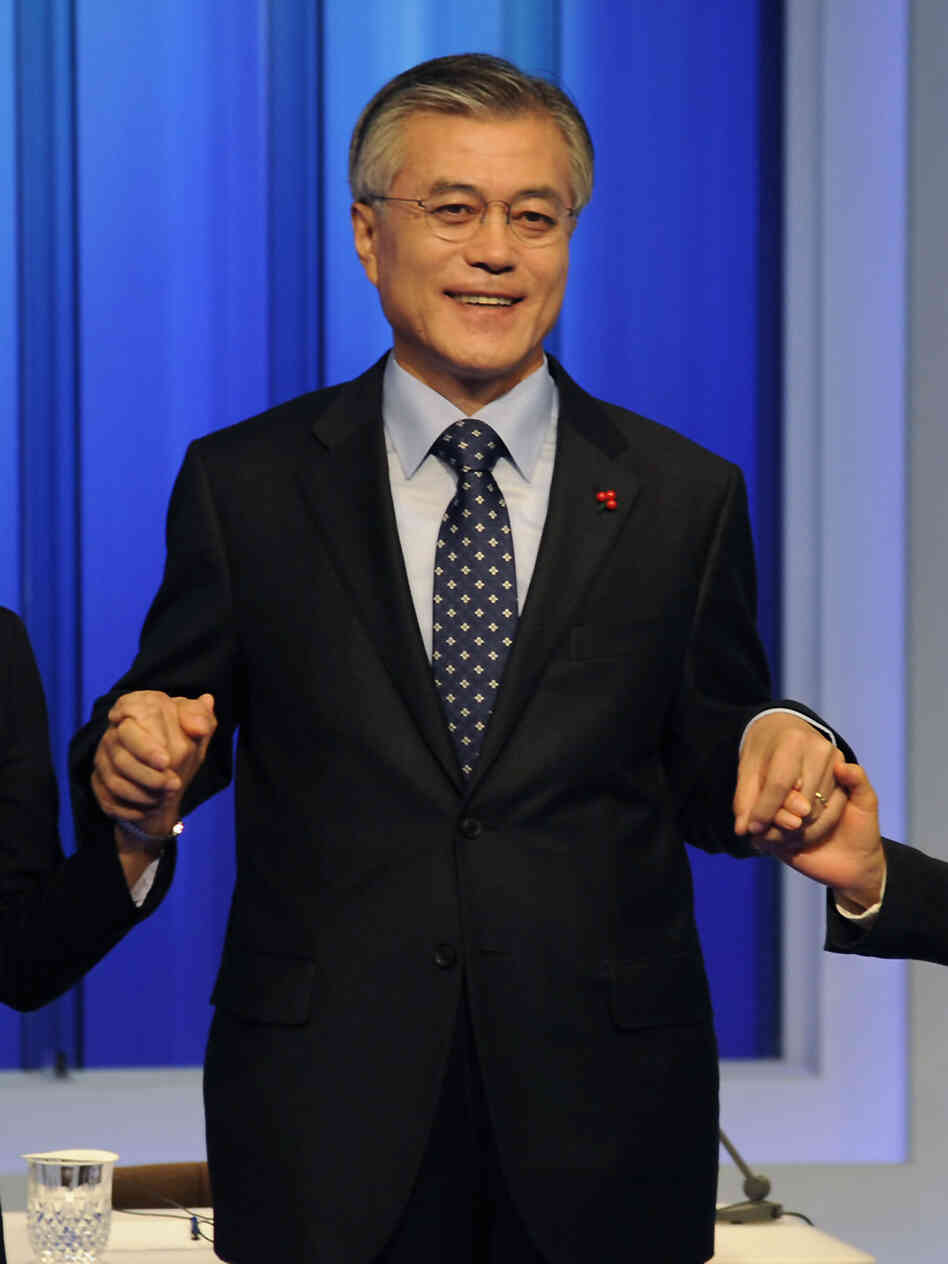 Moon Jae-in, a former human rights lawyer, is also a leading candidate in Wednesday's election. A former presidential chief of staff, he's shown here at a presidential debate on Dec. 4.