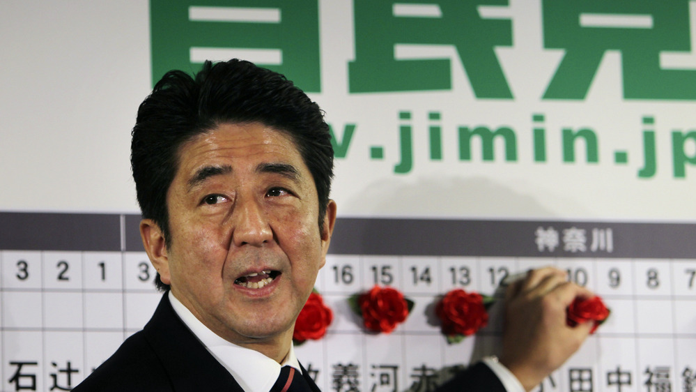 Shinzo Abe of Japan's Liberal Democratic Party marks the name of a parliamentary election winner at party headquarters in Tokyo on Sunday. Japan's conservative LDP stormed back to power Sunday after three years in opposition.