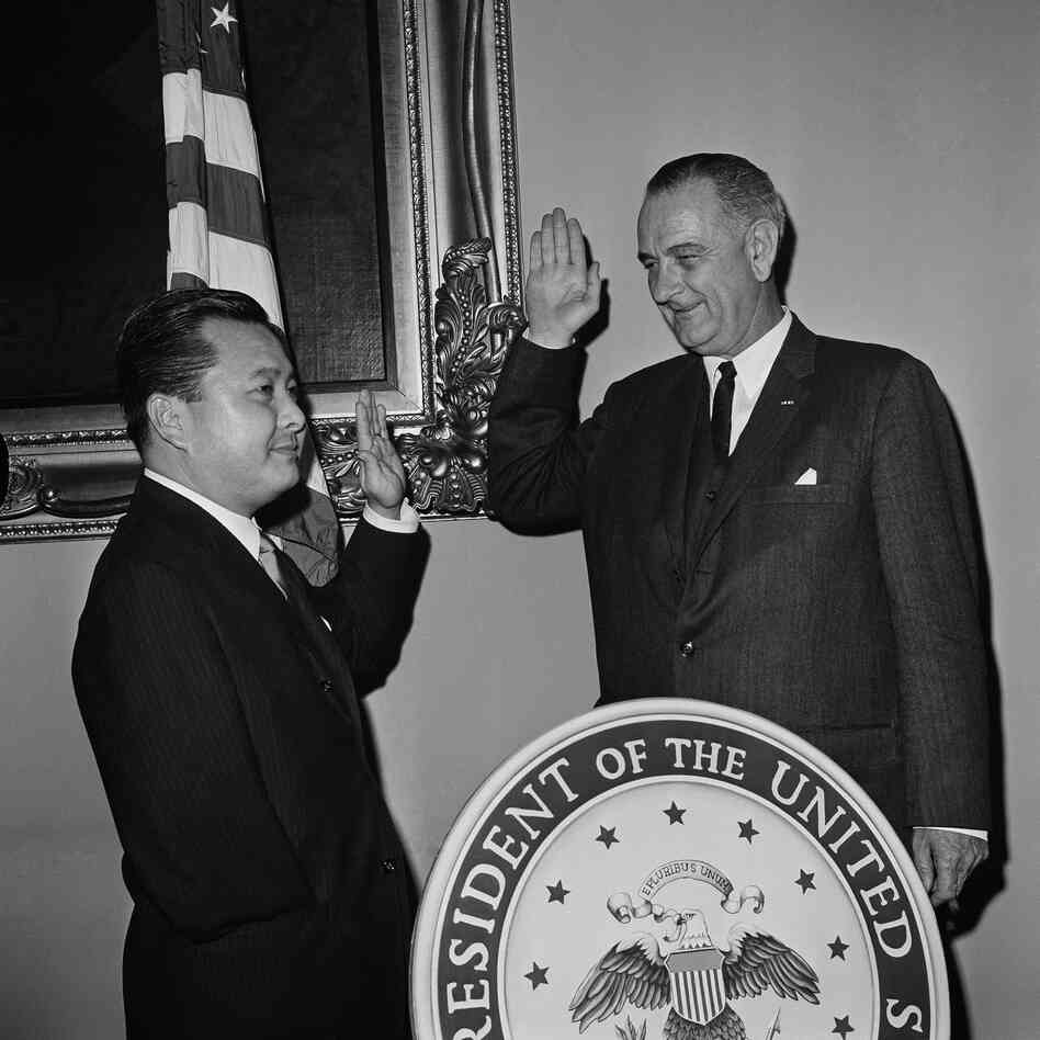 In this Jan. 9, 1963, file photo, Daniel Inouye takes the Oath of Office as Democratic senator from Hawaii from Vice President Lyndon Johnson in a re-enactment of the swearing in ceremony in Washington, D.C.