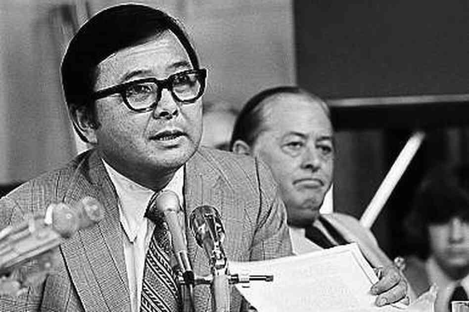 Inouye and Sen. John M. Montoya, D-N.M., are shown during the Watergate Senate hearings on Capitol Hill, Aug. 2, 1973.
