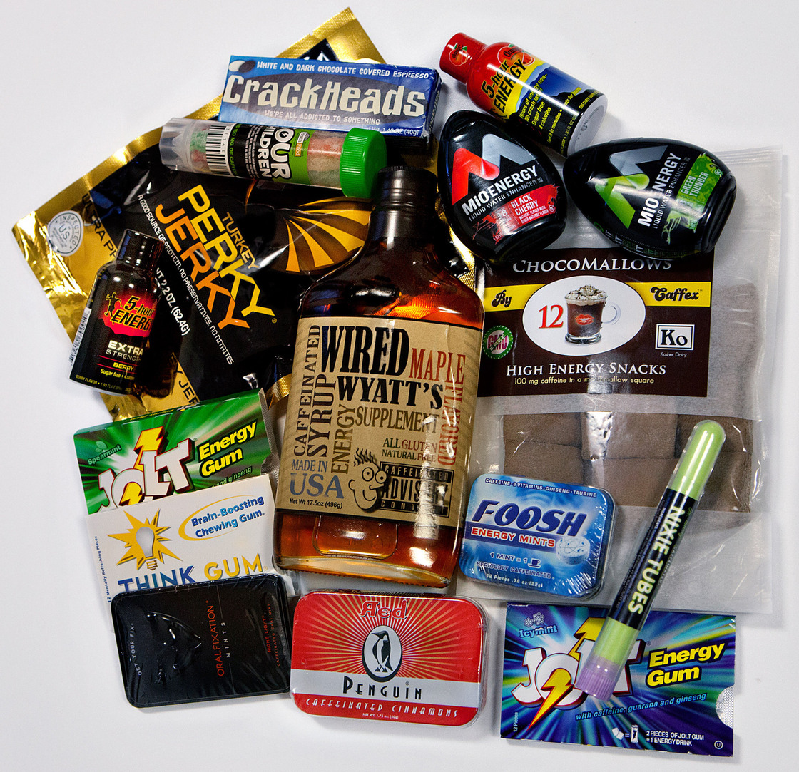 The contents of a box of some of the new foods containing caffeine collected by the Center for Science in the Public Interest.