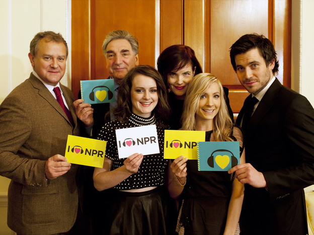 Cast members of PBS Downton Abbey (left to right) Hugh Bonneville (Robert Crawley, Earl of Grantham), Jim Carter (Mr. Carson), Sophie McShera (Daisy), Elizabeth McGovern (Cora Crawley, Countess of Grantham), Joanne Froggatt (Anna), and Rob James-Collier (Thomas).