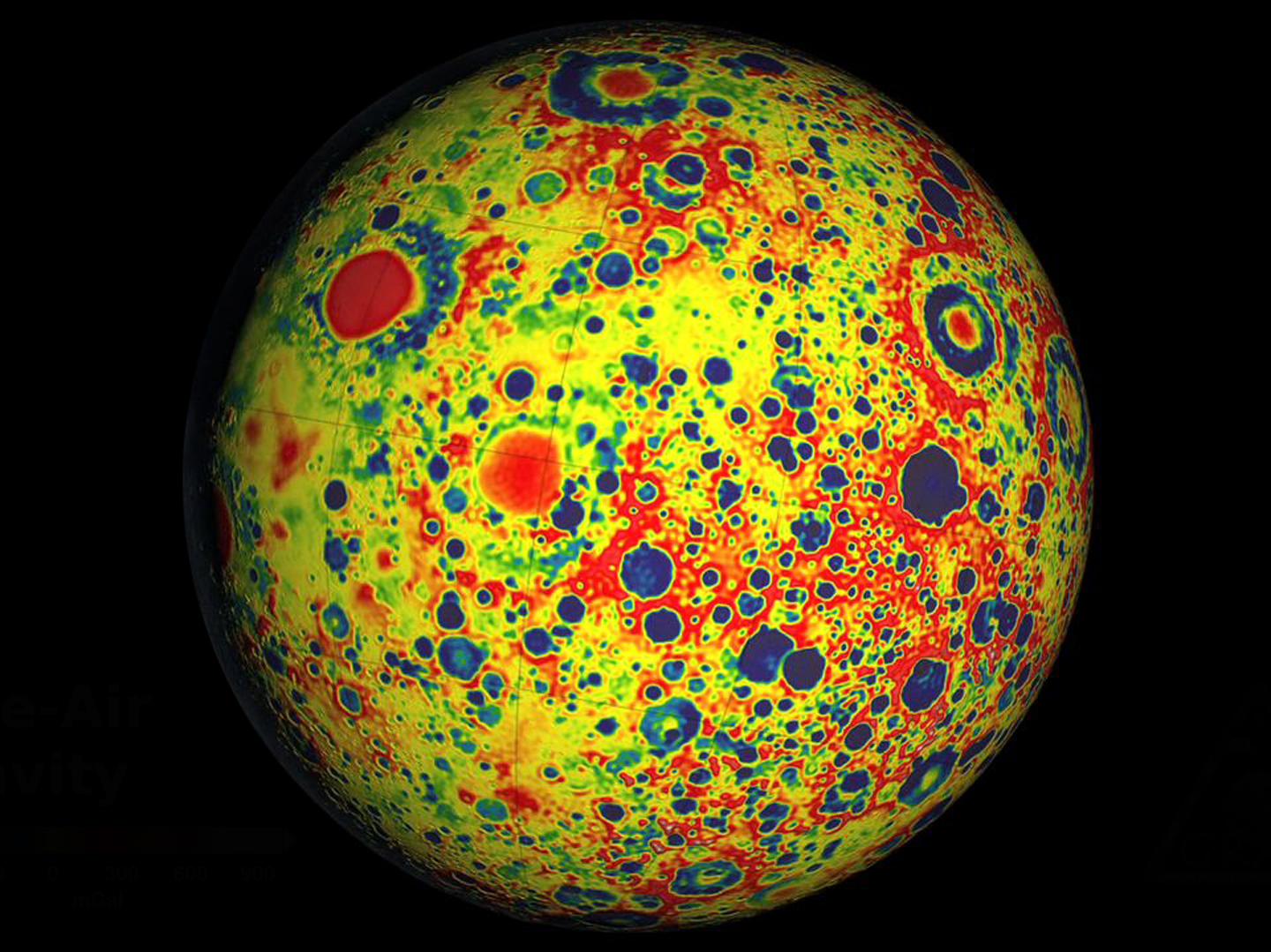The GRAIL mission's gravity map of the moon. Very precise measurements between two lunar probes orbiting the moon allowed researchers to study the moon with great detail.