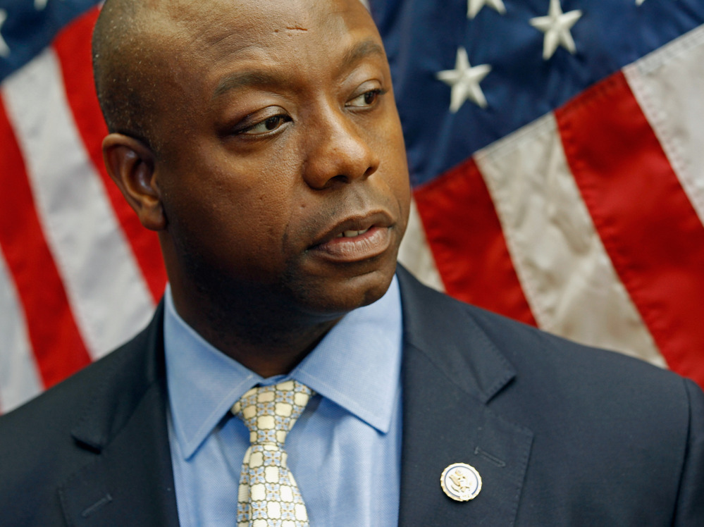 Gov. Nikki Haley named Rep. Tim Scott (R-S.C.) to replace retiring Sen. Jim DeMint. In this file photo, Scott makes brief remarks after a meeting with Treasury Secretary Timothy Geithner at the U.S. Capitol on June 2, 2011.