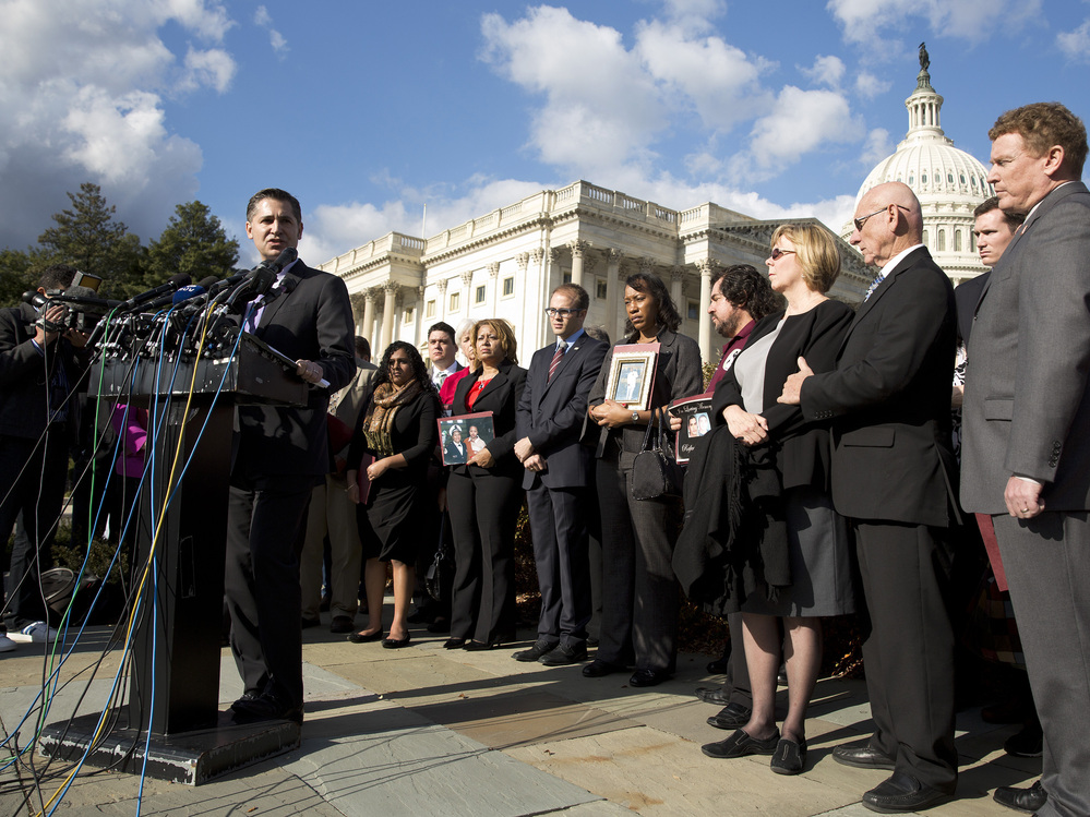Dan Gross, president of the Brady Campaign to Prevent Gun Violence, calls on Congress to address gun violence at a news conference on Capitol Hill on Tuesday. More than 20 family members and victims of mass shootings across America joined him.