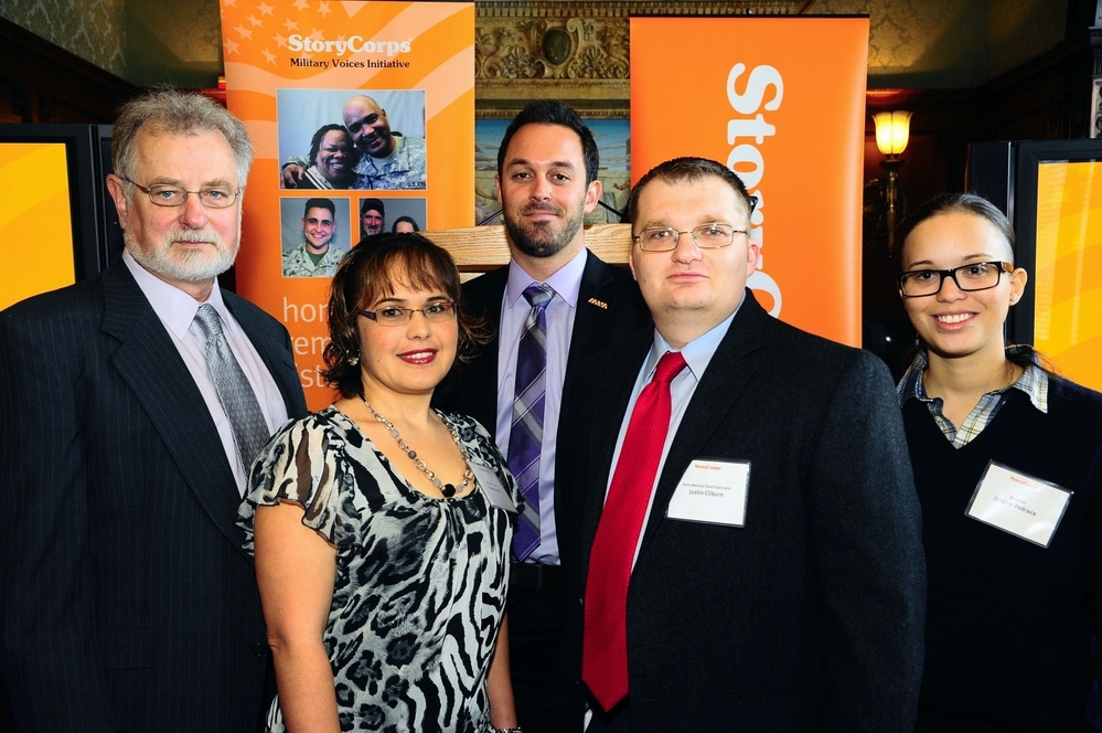 Several StoryCorps participants gathered to celebrate the Military Voices Initiative at the Library of Congress in Washington, D.C. earlier this month. From left to right: Gordon M. Bolar, Sergeant Papsy Lemus, Matt Colvin, Specialist Justin Cliburn and Specialist Jessica Pedraza.