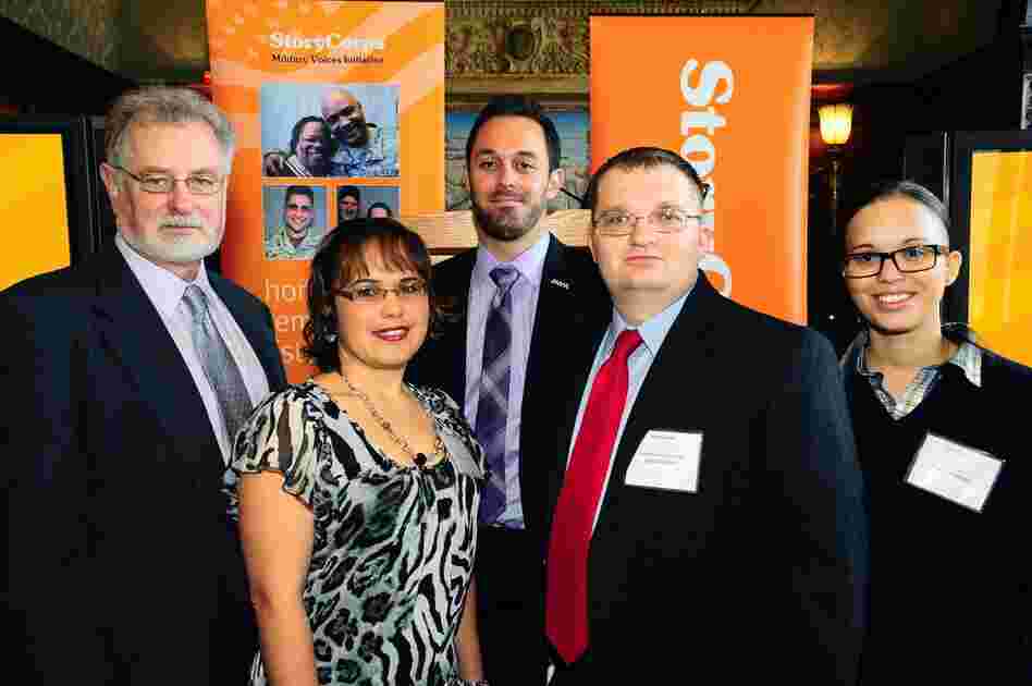 Several StoryCorps participants gathered to celebrate the Military Voices Initiative at the Library of Congress in Washington, D.C. earlier this month. From left to right: Gordon M. Bolar, Sergeant Papsy Lemus, Matt Colvin, Specialist Justin Cliburn and Specialist Jessica Pedraza.