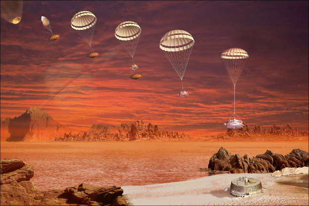 An artist's concept showing the descent and landing of the Huygens probe on Titan in January 2005.