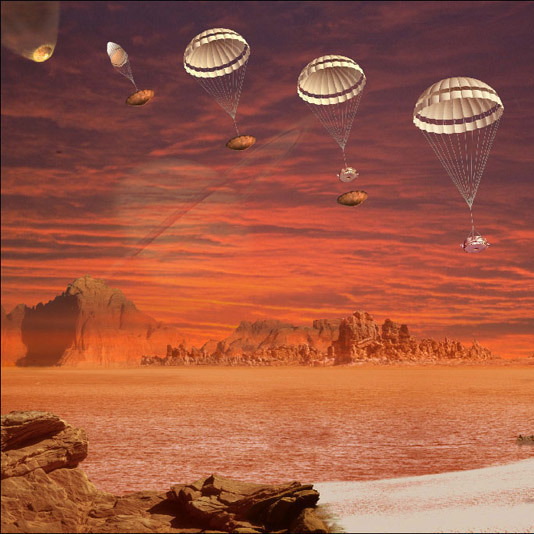 An artist's concept showing the descent and landing of the Huygens probe on Titan in January 2005.