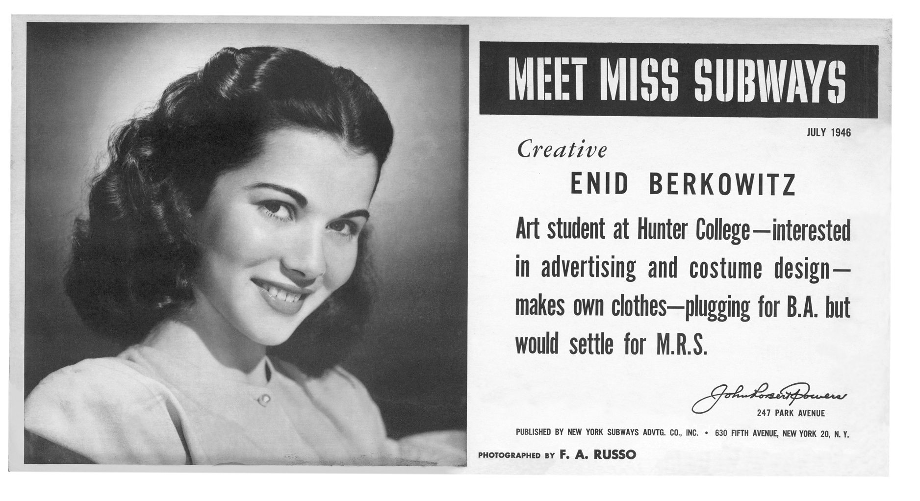 Enid Berkowitz, now in her 80s, was Miss Subways in July 1946.