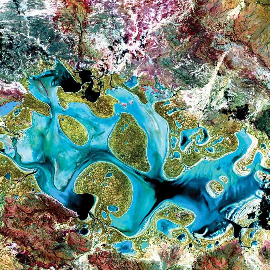 Carnegie Lake, Australia, 1999Carnegie Lake in Western Australia fills with water only during periods of significant rainfall. In dry years, it is reduced to a muddy marsh. Flooded areas appear dark blue or black, vegetation appears in shades of dark and light green, and sands, soils and minerals appear in a variety of colors.