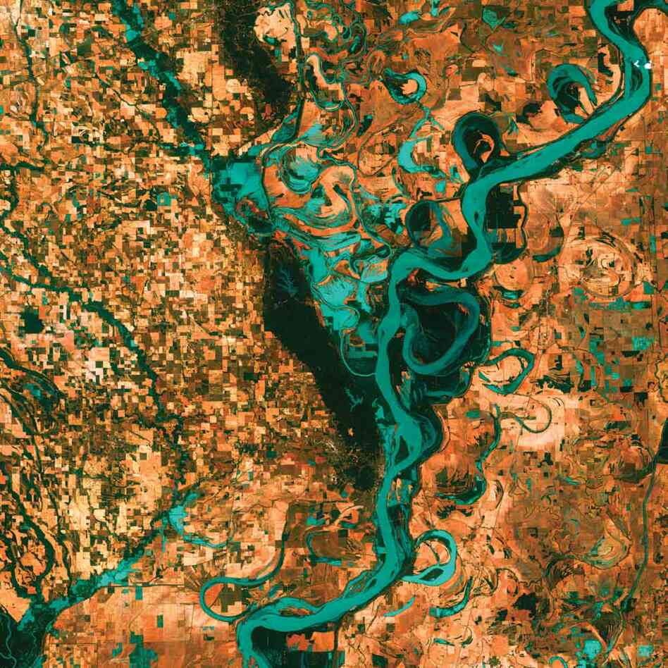 Meandering Mississippi, U.S., 2003Graceful swirls and whorls of the Mississippi River encircle fields and pastures on the border between Arkansas and Mississippi. The Mississippi is the largest river system in North America and forms the second largest watershed in the world.