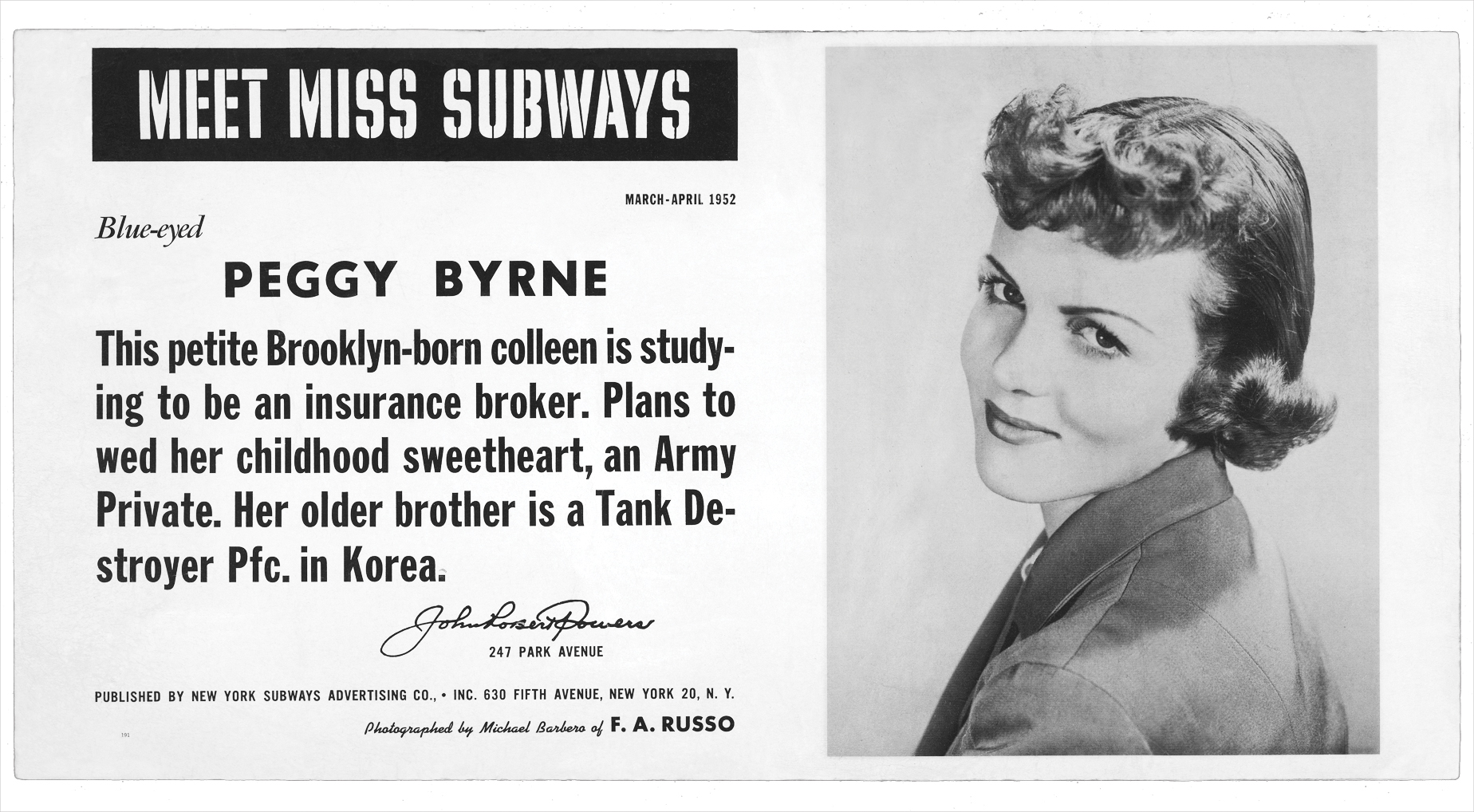 Byrne was Miss Subways March-April 1952.