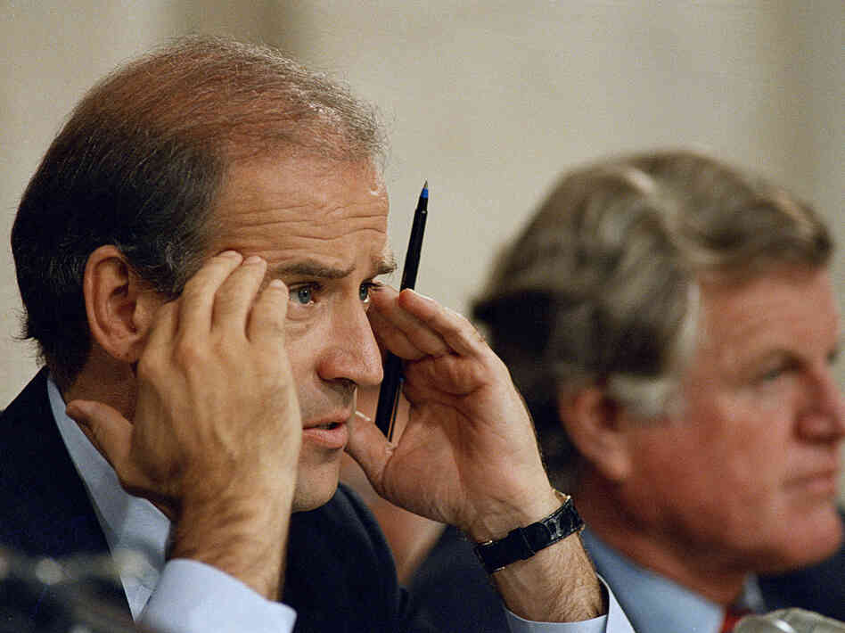 Senate Judiciary Committee Chairman Joe Biden, D-Del., and Sen. Edward Kennedy, D-Mass., on Sept. 17, 1987, during Robert Bork's confirmation hearings. Both Biden and Kennedy ultimately voted against confirming Bork to the Supreme Court.