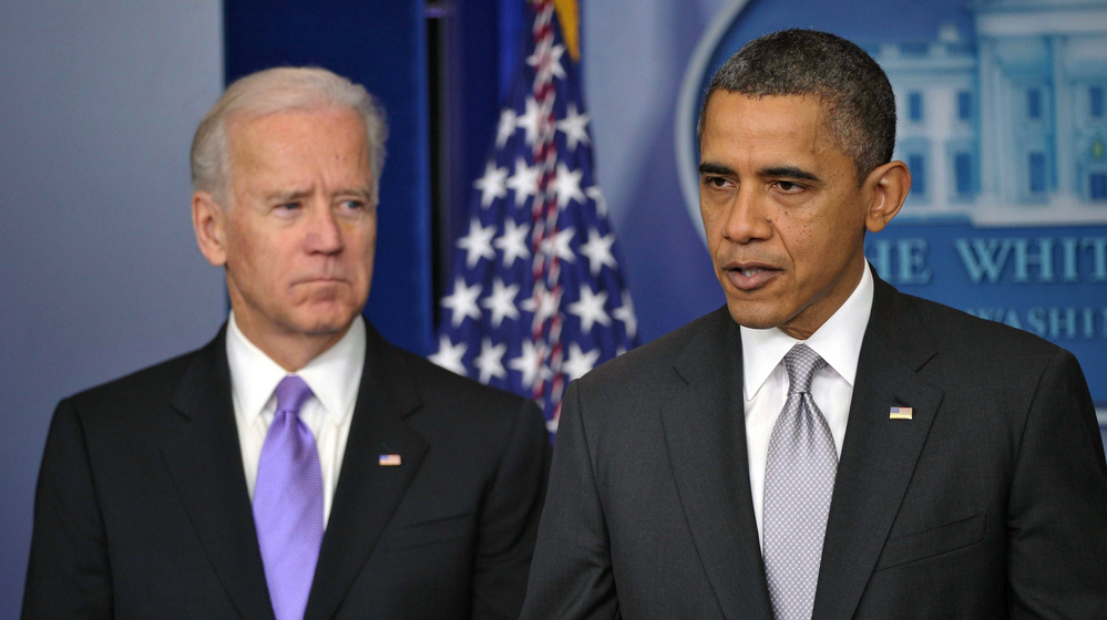 Vice President Biden watched as President Obama spoke earlier today in the White House briefing room.