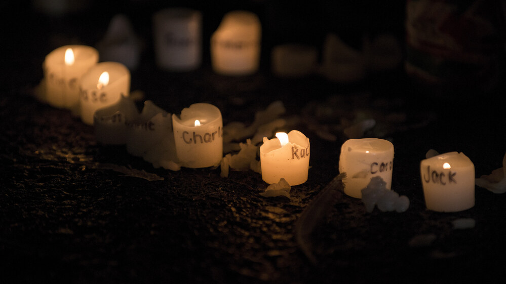 Candles with the names of victims of the Sandy Hook Elementary School shooting, at a makeshift memorial near the entrance to the grounds of Sandy Hook Elementary School. Candles with the names of victims of the Sandy Hook Elementary School shooting, at a makeshift memorial near the entrance to the grounds of Sandy Hook Elementary School.