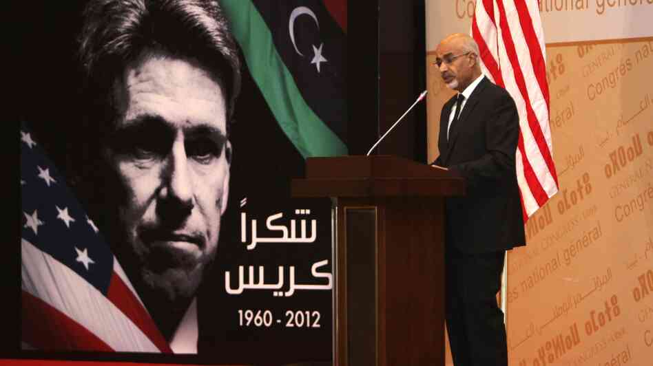 Libyan President Mohammed el-Megarif speaks during a memorial service in Tripoli for U.S. Ambassador to Libya, Chris Stevens, and three consulate staff killed in Benghazi on Sept. 11.