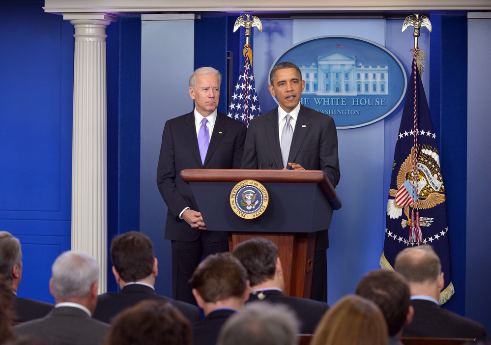 President Obama, with Vice President Biden at his side on Wednesday, at a news conference about gun violence that became dominated by questions of the fiscal cliff.