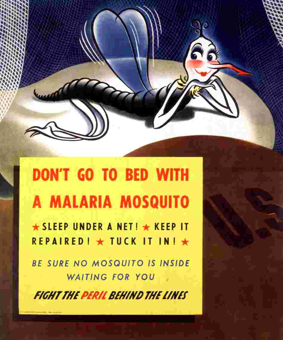 More than half of the soldiers in the Pacific caught malaria. This poster from 1944 helped remind troops to avoid mosquitoes that transmit the parasite.