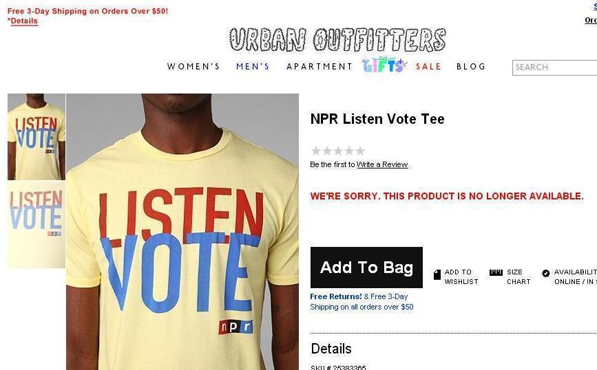 NPR Listen Vote Tee sold online at Urban Outfitters.