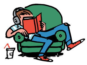 Illustration: a teen slouches in a chair, reading a book. Illustration: a teen slouches in a chair, reading a book.