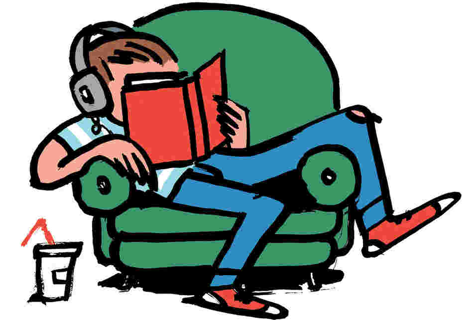 Illustration: a teen slouches in a chair, reading a book. Illustration: a teen slouches in a chair, reading a book.
