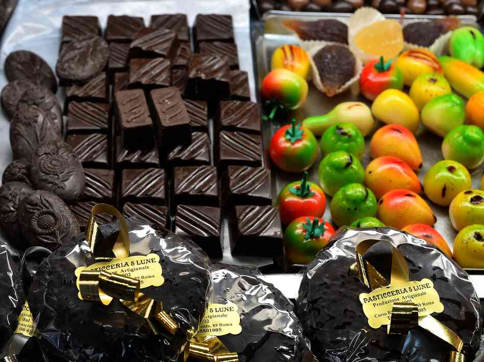 Christmas chocolate and sweets on display at a Christmas market at Piazza Navona on Dec. 20 in Rome.