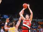 Sam Bowie of the Portland Trail Blazers shoots over Kareem Abdul-Jabbar of the Los Angeles Lakers during a game circa 1984-1988 at the Great Western Forum in Inglewood, Calif. Bowie's NBA career is the subject of a new ESPN documentary airing Thursday. Sam Bowie of the Portland Trail Blazers shoots over Kareem Abdul-Jabbar of the Los Angeles Lakers during a game circa 1984-1988 at the Great Western Forum in Inglewood, Calif. Bowie's NBA career is the subject of a new ESPN documentary airing Thursday.