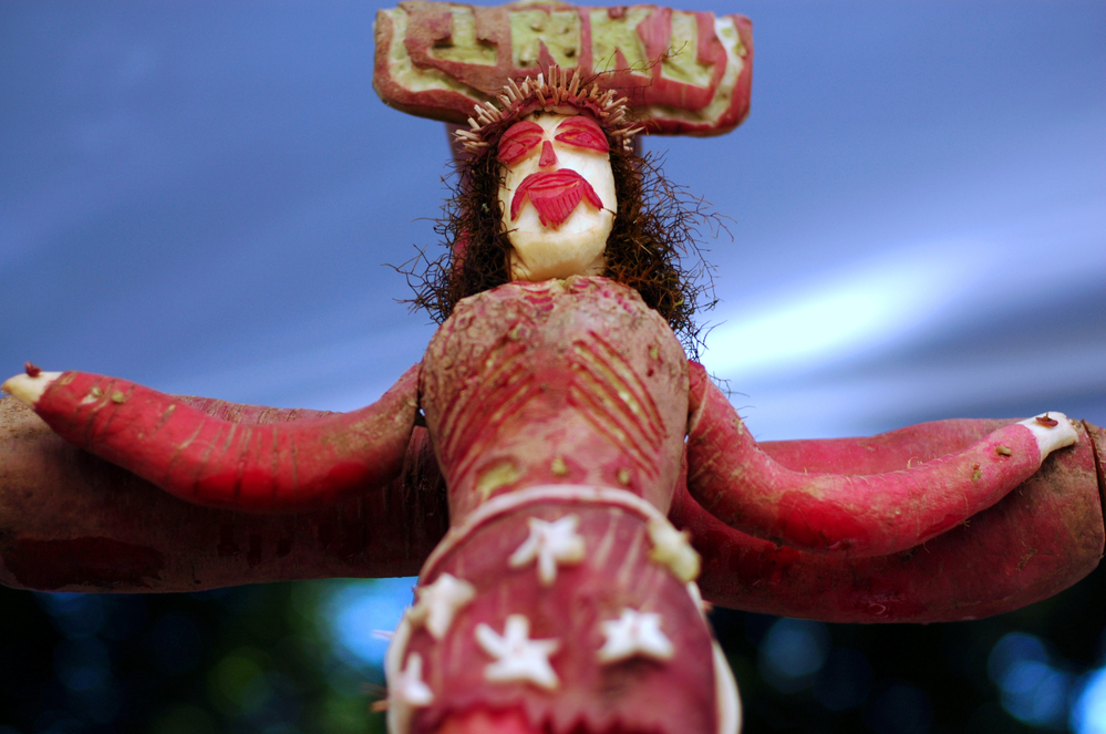 The crucifixion, as carved in radishes The crucifixion, as carved in radishes
