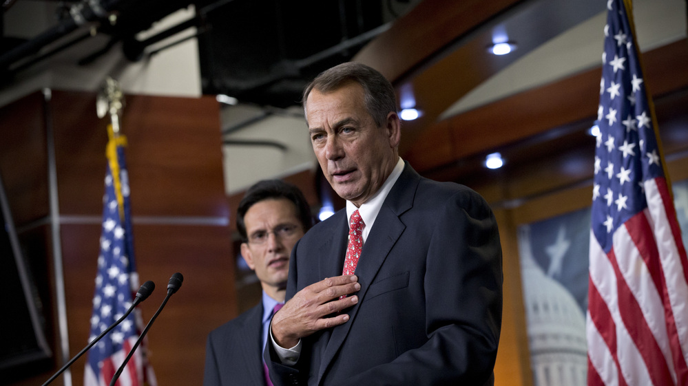 House Speaker John Boehner, R-Ohio, joined by House Majority Leader Eric Cantor, R-Va., speaks to reporters about the "fiscal cliff" negotiations at the Capitol on Friday.