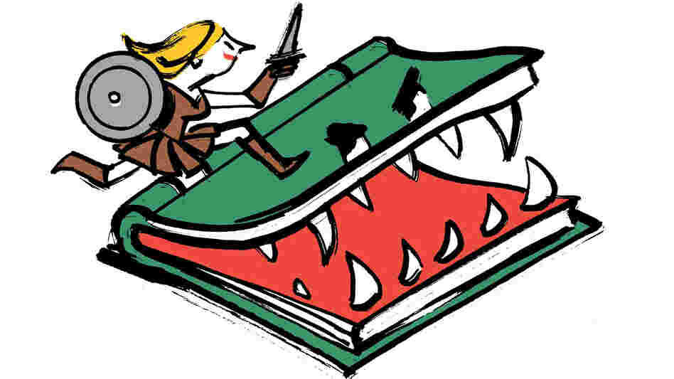 Illustration: A woman with a sword and a shield battles a ferocious book. Illustration: A woman with a sword and a shield battles a ferocious book.