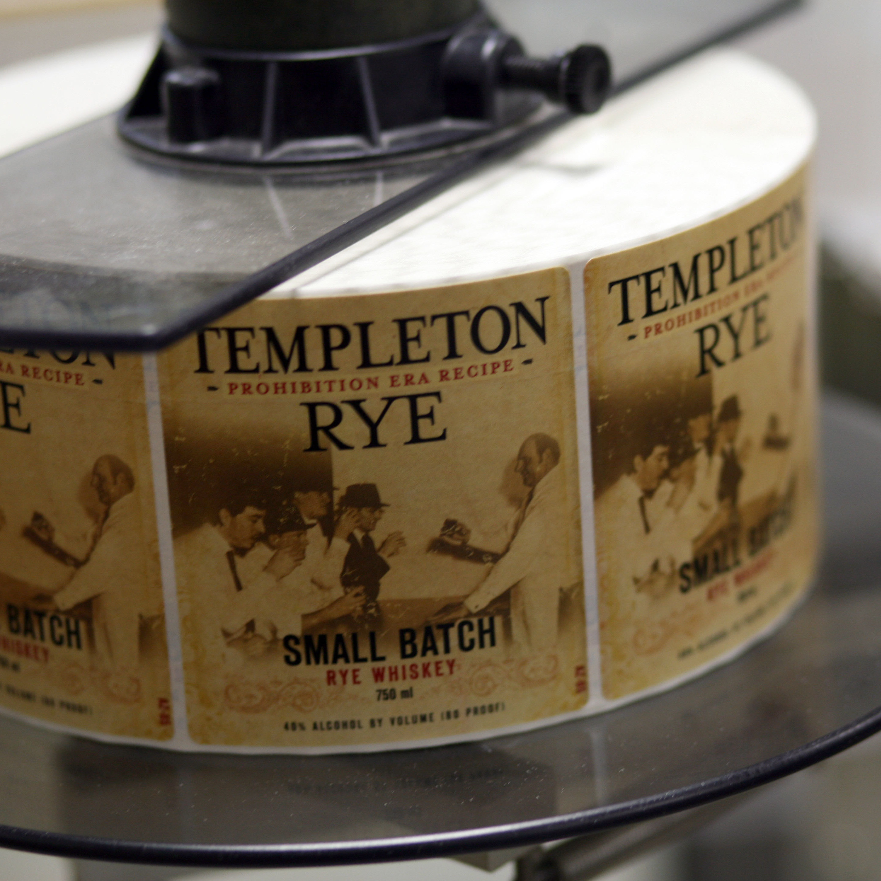 Labels await their bottles at the Templeton Rye plant, in Templeton, Iowa.