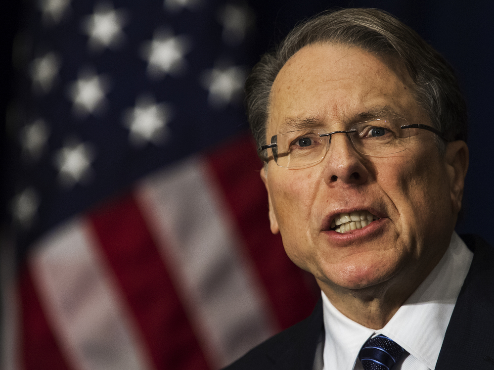 Wayne LaPierre, executive vice president of the National Rifle Association, holds a news conference in Washington, D.C., on Friday.