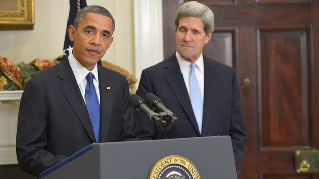 President Obama and Sen. John Kerry, D-Mass., at the White House this afternoon. (AFP/Getty Images)