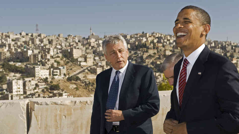 Sen. Chuck Hagel, R-Neb., and then-presidential candidate Barack Obama in Amman, Jordan, in 2008.