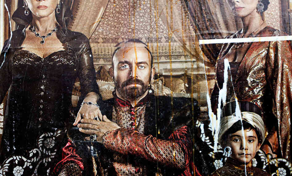 Eggs streak down a billboard advertising the popular Turkish soap opera The Magnificent Century. The show focuses on palace intrigue during the 16th-century rule of Suleiman the Magnificent. Some Islamists have protested the show's depiction of the sultan's harem.