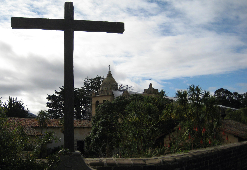 Scaffolding is seen at the basilica at a mission in Carmel, Calif., a sign of its multi-million dollar seismic retrofit.