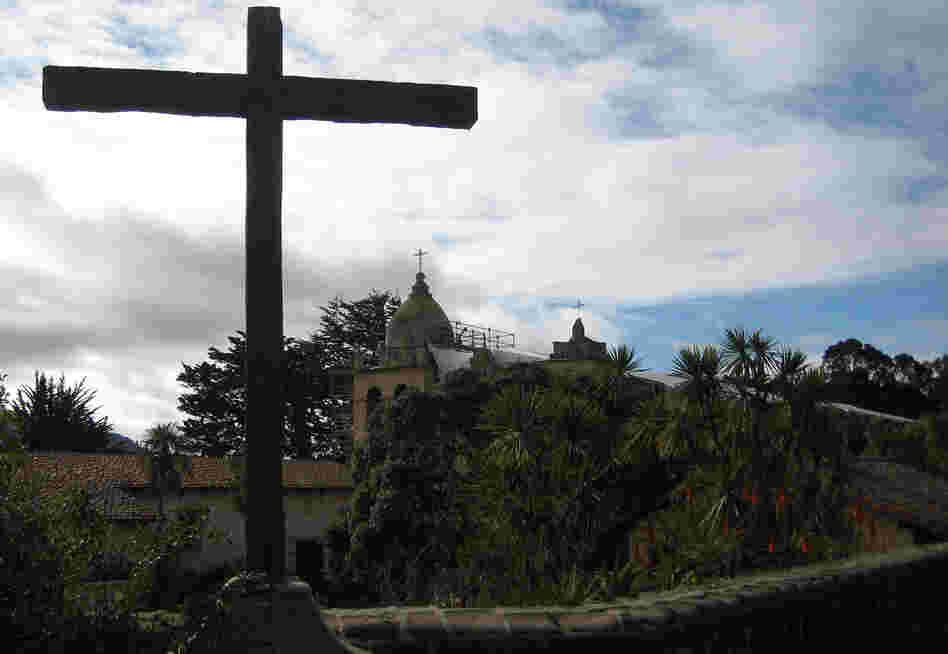 Scaffolding is seen at the basilica at a mission in Carmel, Calif., a sign of its multi-million dollar seismic retrofit.