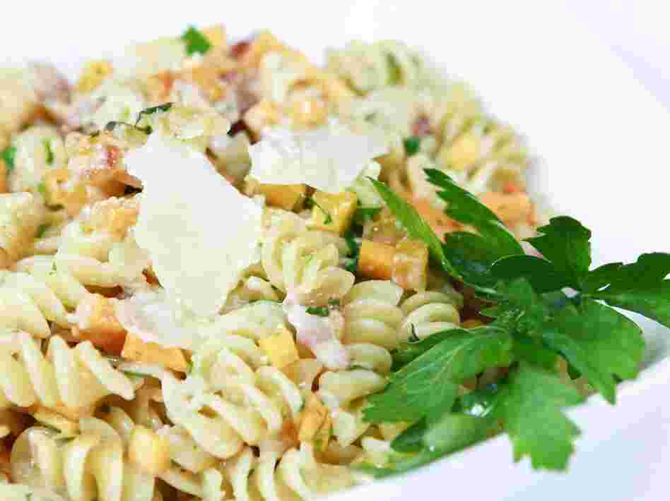 Pasta with bacon and butternut squash.