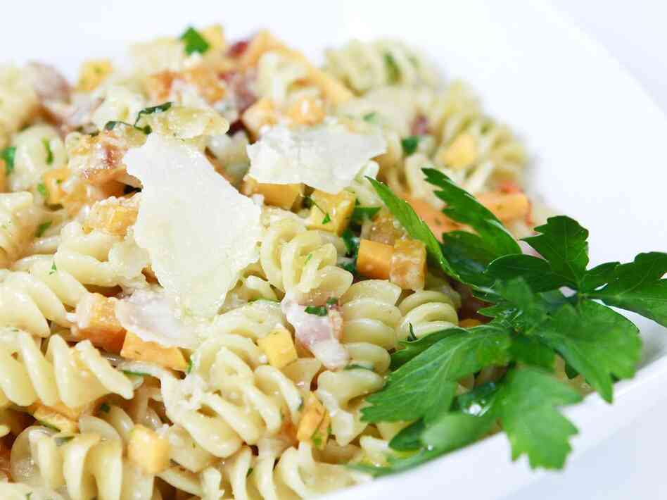 Pasta with bacon and butternut squash.