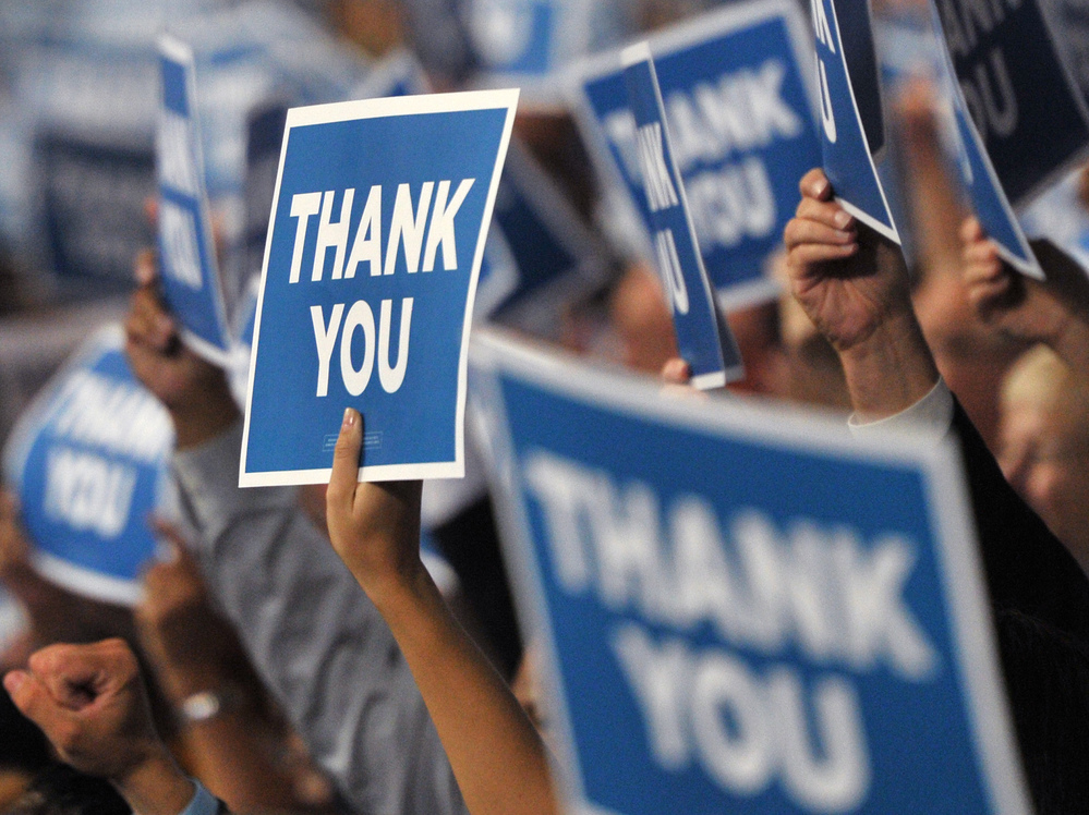 At the Democratic Convention, "thank you signs" showed support for the U.S. Armed Forces.