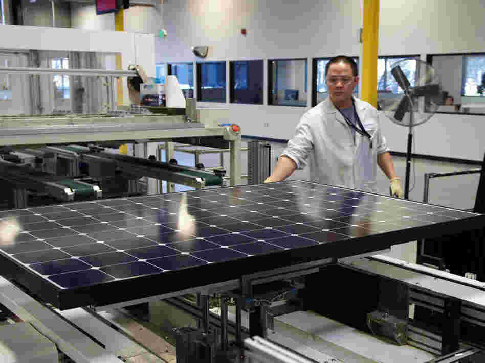 Solar panels come off the line at SunPower's solar manufacturing plant near San Jose, Calif.