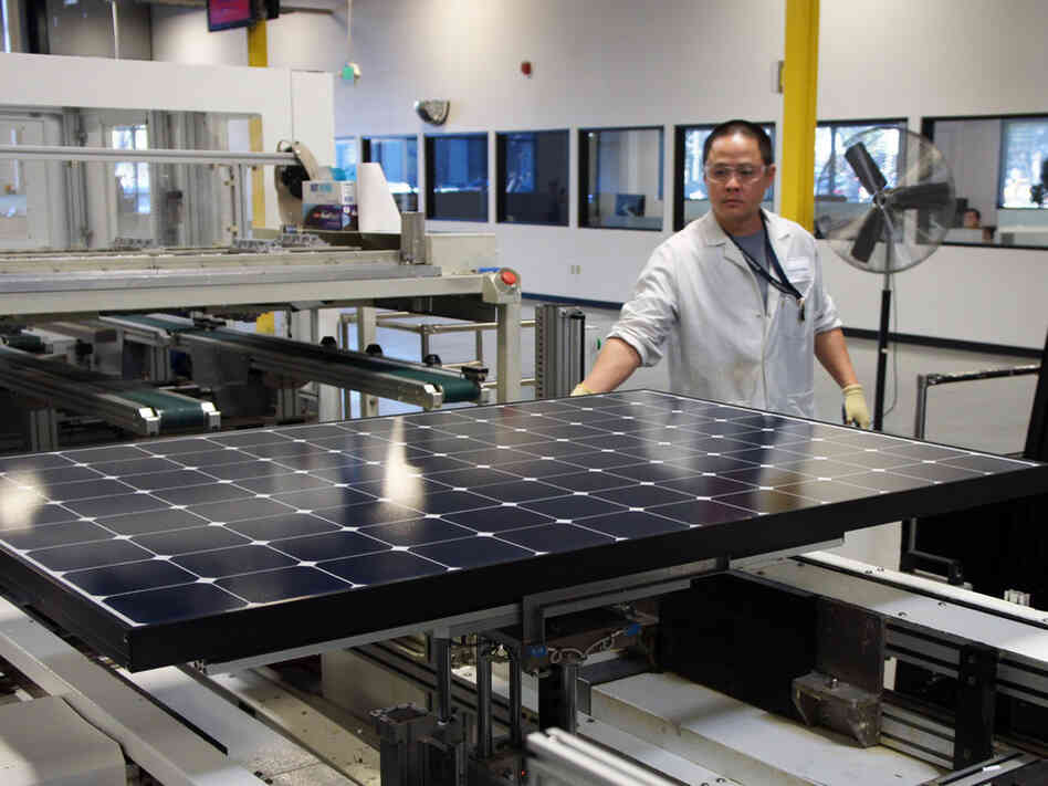 Solar panels come off the line at SunPower's solar manufacturing plant near San Jose, Calif.