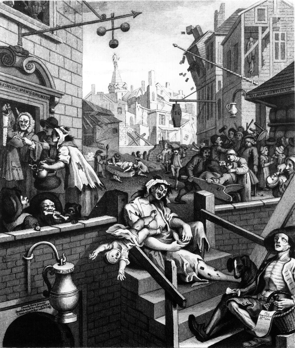 William Hogarth's Gin Lane (1751) was part of a campaign to reduce gin consumption in England.